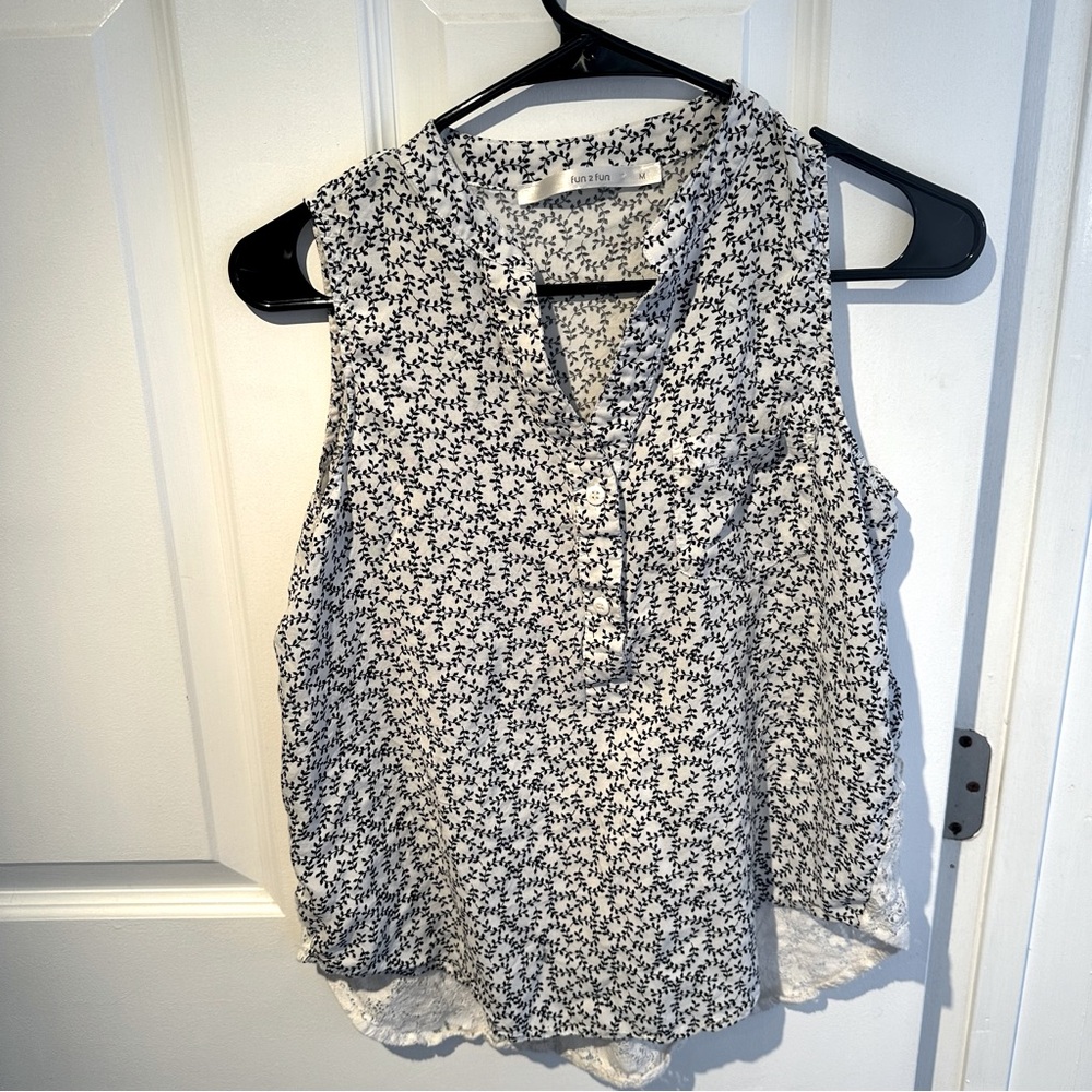 Fun2Fun White Sleeveless Blouse with Black Spiral Leaf Print & Lace Lower Back